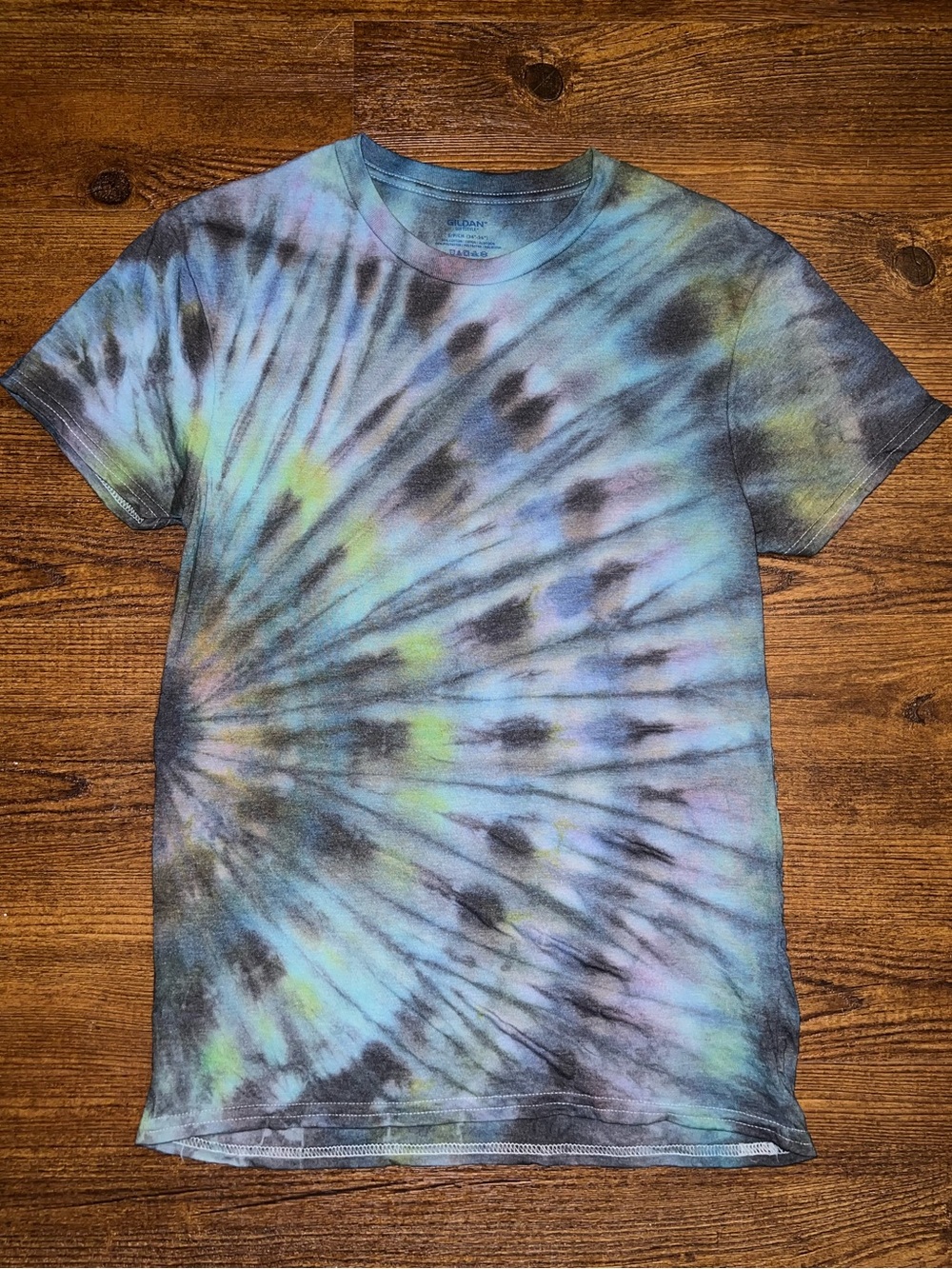 Handmade Blue Tie-Dye Short Sleeve Shirt Green Purple Black Boho Festival Size S